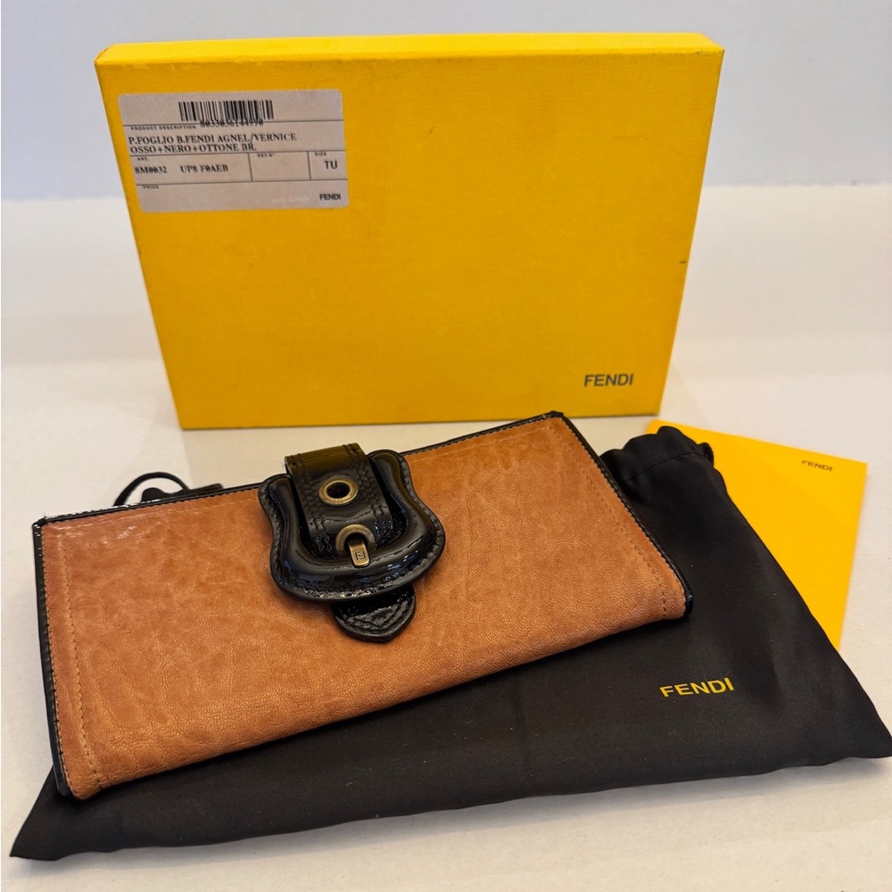 Vintage Fendi B Buckle Wallet Tan Leather Black Patent Y2K luxury